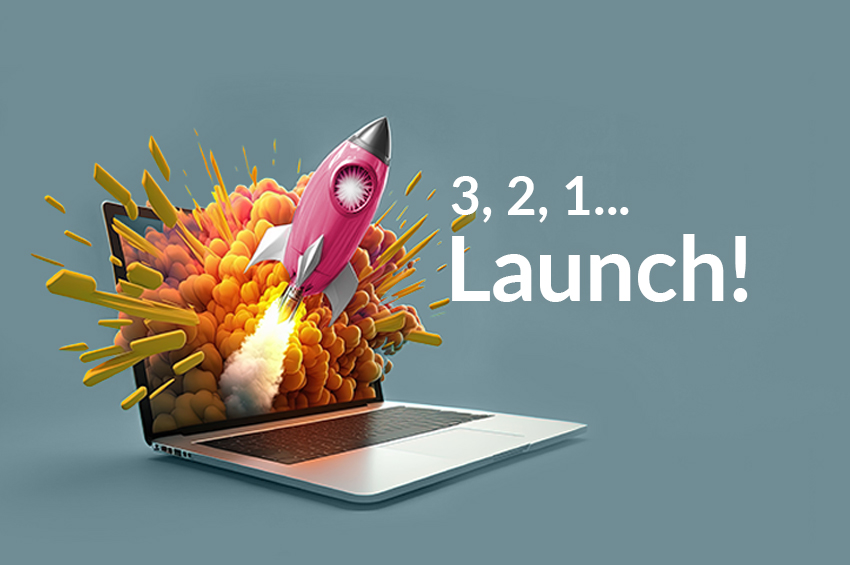 Das Titelbild für den Blog Strategiedesign Produktlaunch zeigt eine Rakete, die aus einem Laptopscreen fliegt. Im Text daneben steht: 3, 2, 1... Launch!