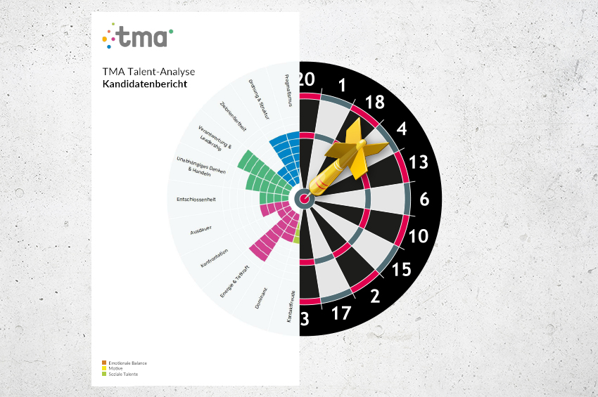 Titelbild zum Blogartikel "Mit professionellem Talentmanagement zu Höchstleistungen". Es zeigt einen Kreis, dessen rechte Hälfte eine Zielscheibe ist und die linke Hälfte eine TMA Auswertung.